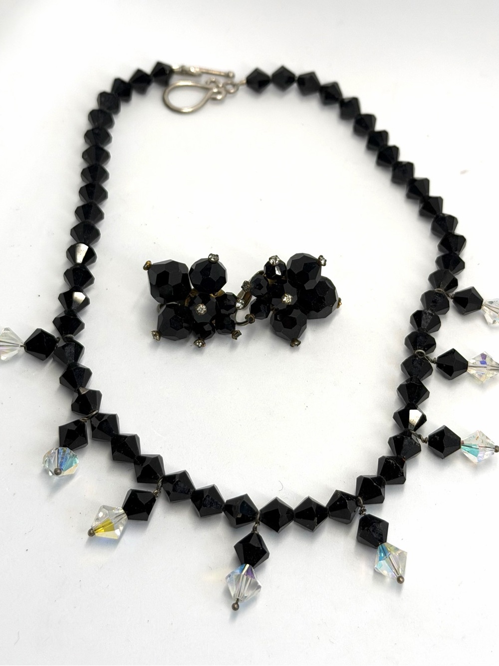Laguna B Black Crystal Drop Necklace with Clip-On Earrings